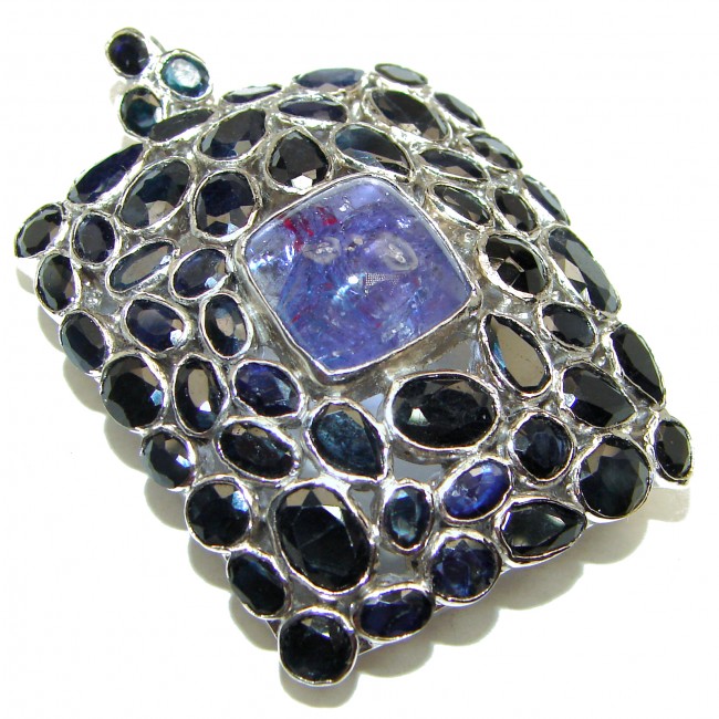 Large Beauty genuine Tanzanite Sapphire .925 Sterling Silver handmade Pendant - Brooch