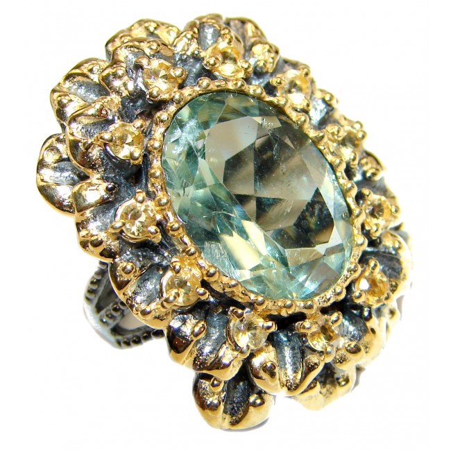 Spectacular Natural Green Amethyst 18K Gold over .925 Sterling Silver handcrafted ring size 6 1/4
