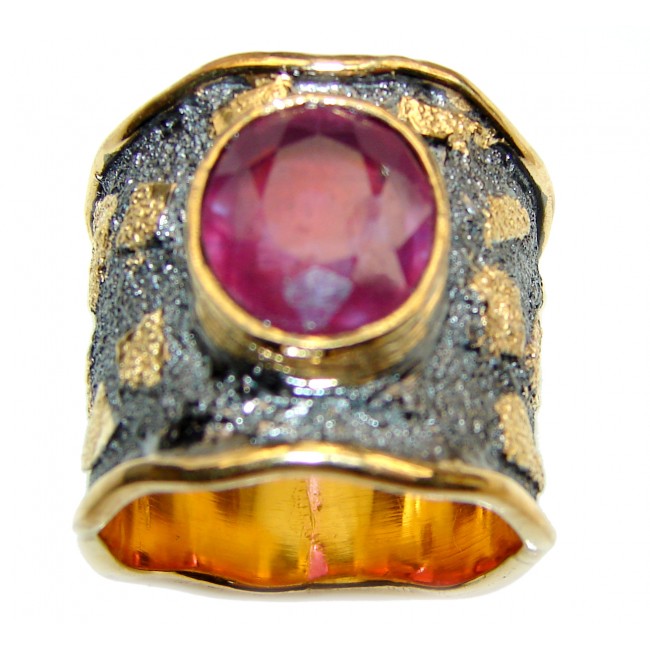 Genuine Kashmir Ruby 18K Gold .925 Sterling Silver handcrafted Statement Ring size 6 1/2