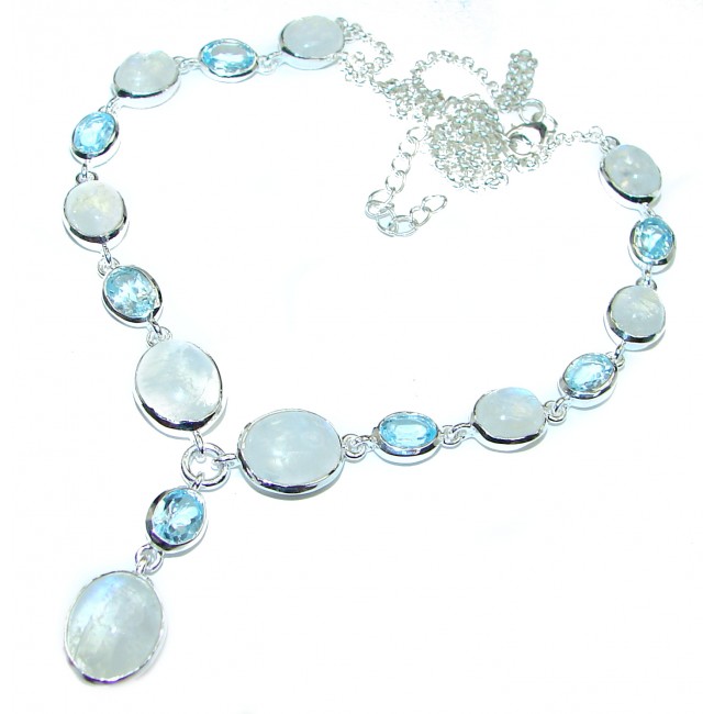 Great Masterpiece genuine Moonstone Swiss Blue Topaz .925 Sterling Silver handmade necklace