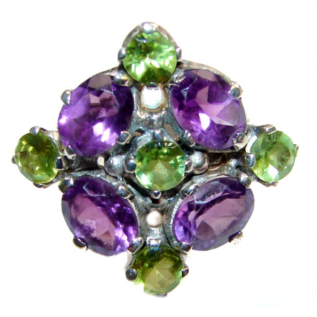 Energizing genuine Peridot & Amethyst .925 Sterling Silver handcrafted Ring size 8
