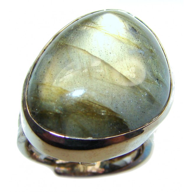 Silky Fire Labradorite 2 tones .925 Sterling Silver handmade ring size 7 adjustable