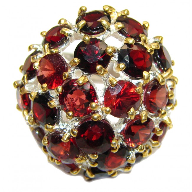 Floral Natural Red Garnet 2 tones & .925 Sterling Silver handcrafted ring size 7 1/4