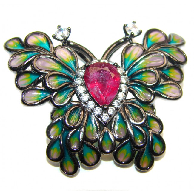 Enamel Butterfly Ruby .925 Sterling Silver handmade Pendant Brooch