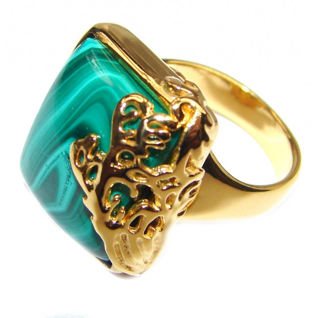Natural Sublime quality Malachite 14k Gold over .925 Sterling Silver handcrafted ring size 6
