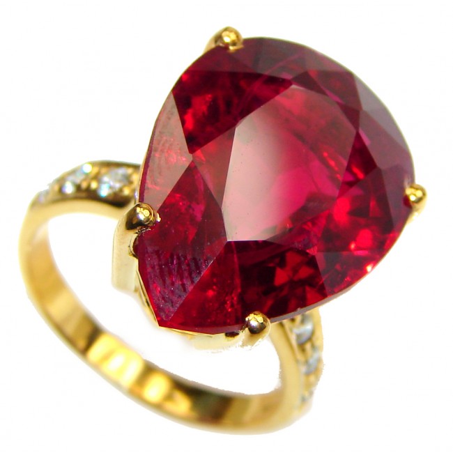 Blood Red glass filled Ruby 18K Gold over .925 Sterling Silver handcrafted Statement Ring size 6 1/4