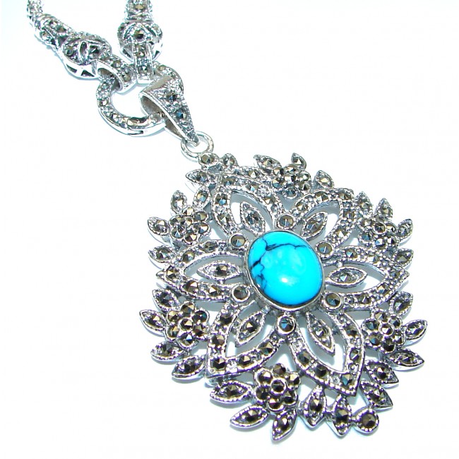 Chic 28 inches Turquoise Marcasite .925 Sterling Silver Large statement necklace