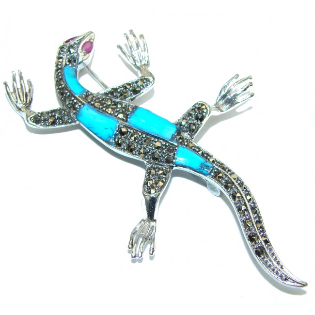 Huge 31/4 inch long inlay Classy Blue Turquoise Sterling Silver Pendant / Brooch
