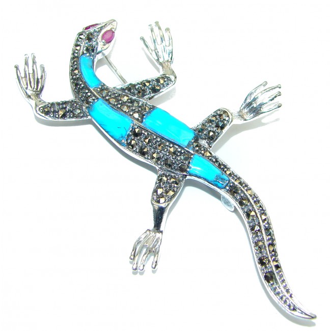 Huge 31/4 inch long inlay Classy Blue Turquoise Sterling Silver Pendant / Brooch