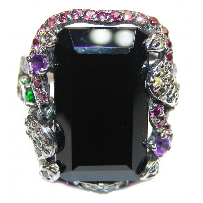 Huge Flower Black Onyx & White Topaz .925 Sterling Silver handcrafted ring; s. 9