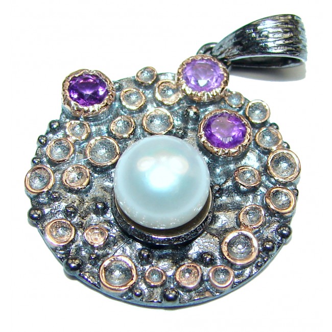Prosperity and Fortune Amethyst & Pearl .925 Sterling Silver Bali Handcrafted pendant