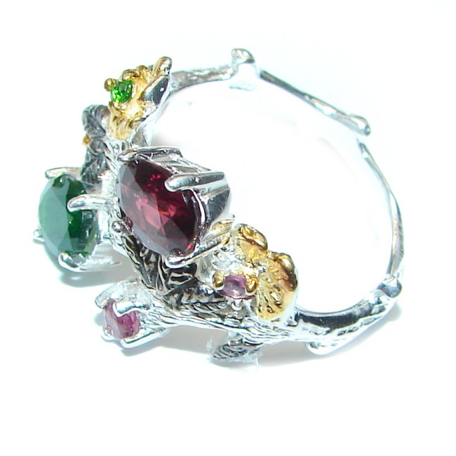 Genuine Emerald Ruby .925 Sterling Silver handcrafted Statement Ring size 7