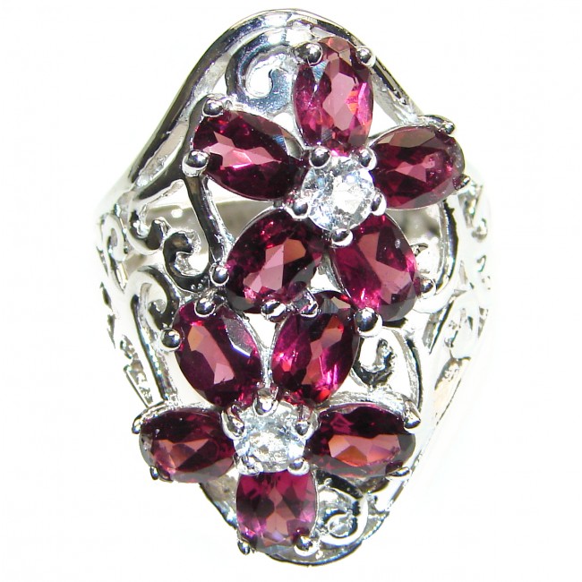 Fabulous natural Red Garnet & White Topaz & .925 Sterling Silver handcrafted ring size 9