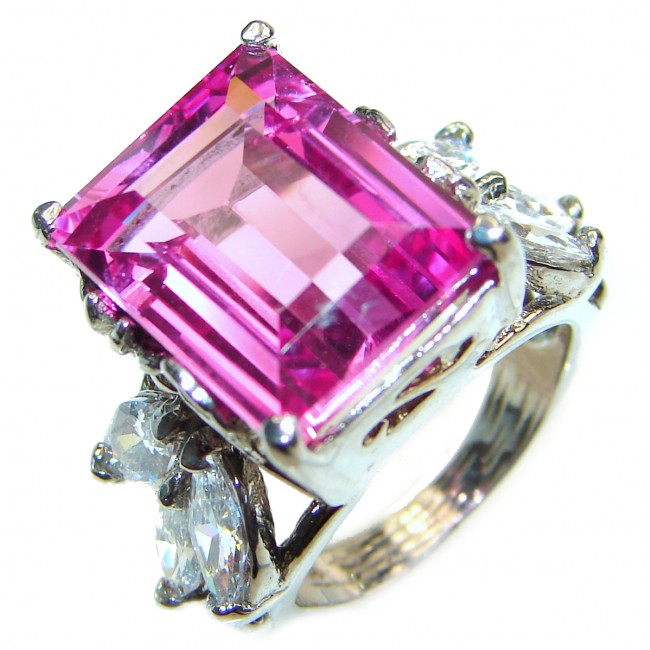 Vintage Design EMERALD CUT 12CT Pink Topaz .925 Sterling Silver handcrafted ring size 5 3/4
