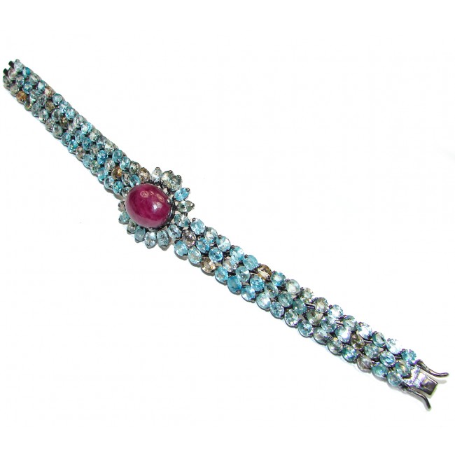 Authentic Spectacular Kashmir Ruby Swiss Blue Topaz .925 Sterling Silver handcrafted Bracelet
