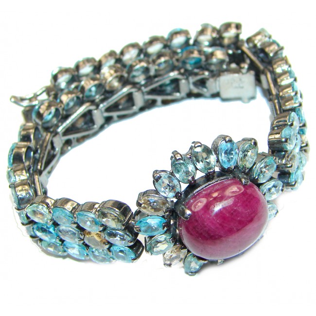 Authentic Spectacular Kashmir Ruby Swiss Blue Topaz .925 Sterling Silver handcrafted Bracelet