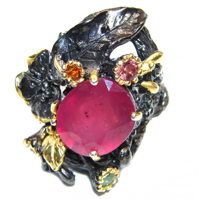 Genuine Ruby 18K Gold black rhodium .925 Sterling Silver handcrafted Statement Ring size 8 3/4