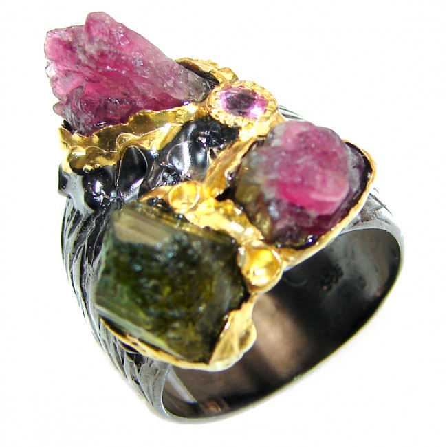 Authentic Rough Ruby Tourmaline black rhodium over 2 tones .925 Sterling Silver Ring size 7