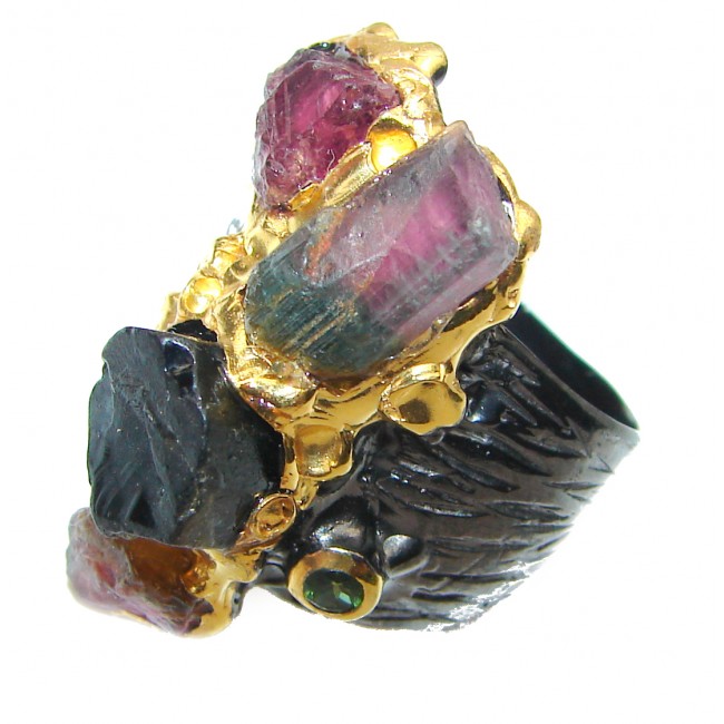 Authentic Rough Ruby Tourmaline black rhodium over 2 tones .925 Sterling Silver Ring size 7 1/4