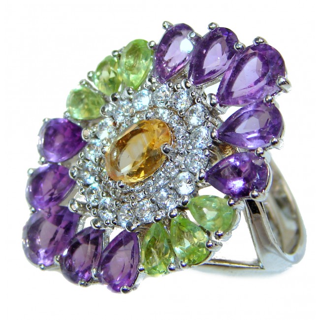Cocktail Style Natural Citrine Peridot Amethyst .925 Sterling Silver handcrafted Ring s. 8 adjustable