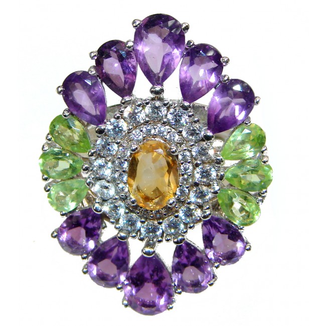 Cocktail Style Natural Citrine Peridot Amethyst .925 Sterling Silver handcrafted Ring s. 8 adjustable