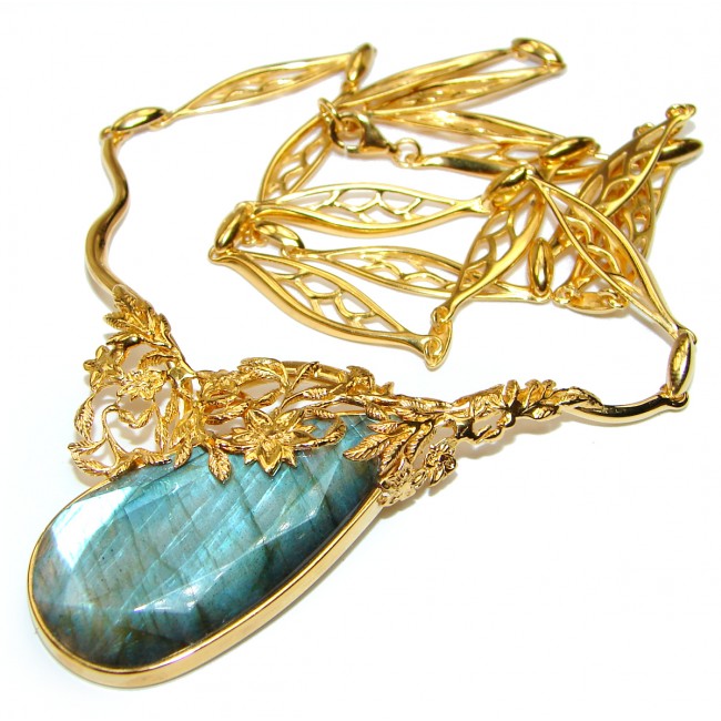 Luxury Design 88.5 ct faceted Labradorite 18K Gold over .925 Sterling Silver entirely handcrafted necklace