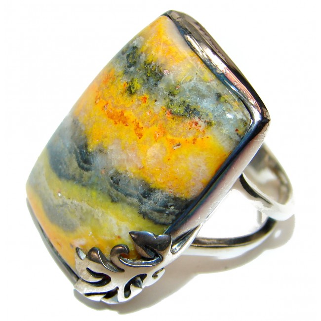 Vivid Beauty Yellow Bumble Bee oxidized .925 Jasper Sterling Silver ring s. 7 adjustable