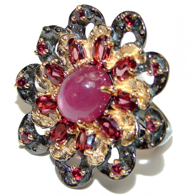 Genuine Ruby 18K Gold black rhodium .925 Sterling Silver handcrafted Statement Ring size 7