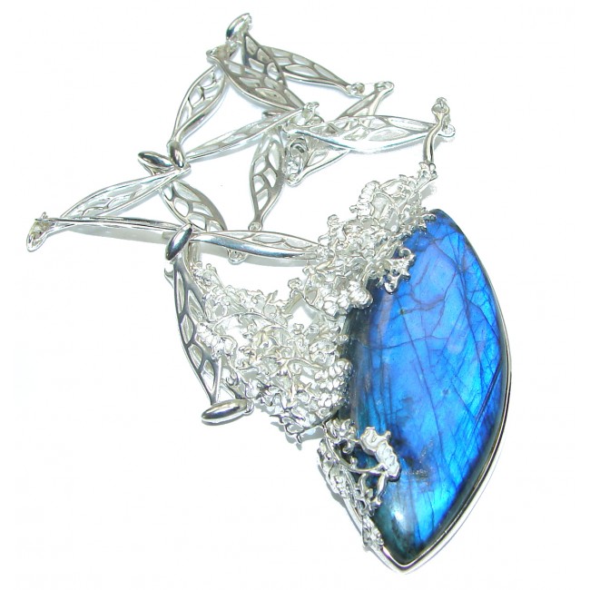 Luxury Design 128.5 ct Fire Labradorite .925 Sterling Silver entirely handcrafted necklace