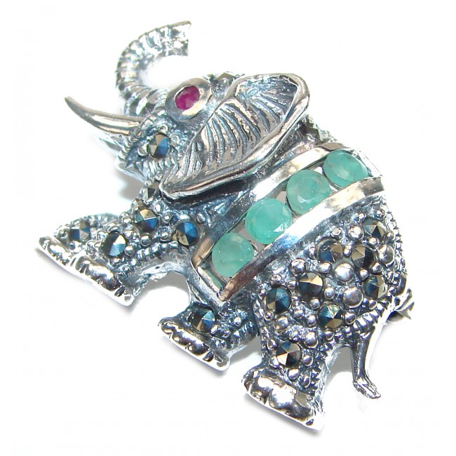 Elephant authentic Emerald .925 Sterling Silver handmade Pendant Brooch