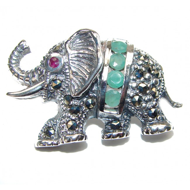 Elephant authentic Emerald .925 Sterling Silver handmade Pendant Brooch
