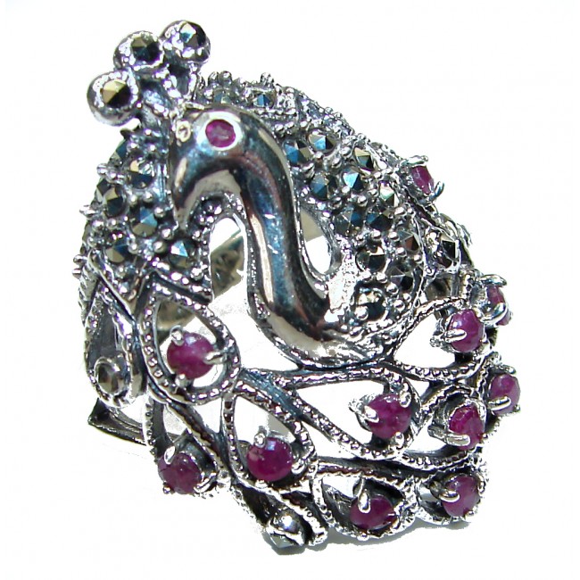 Peacock Red Rose Authentic Ruby Marcasite .925 Sterling Silver Ring size 8