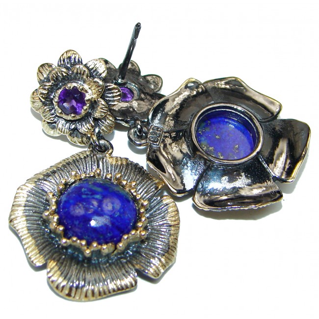 Genuine Blue Lapis Lazuli 18K Rose Gold Rhodium .925 Sterling Silver handmade earrings
