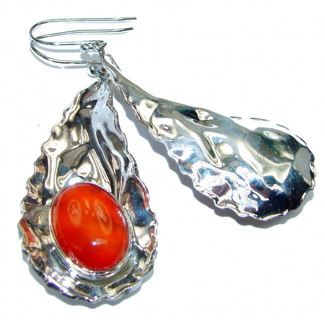 Large Perfect Orange Carnelian hammered Sterling Silver earrings
