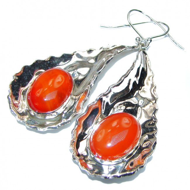Large Perfect Orange Carnelian hammered Sterling Silver earrings