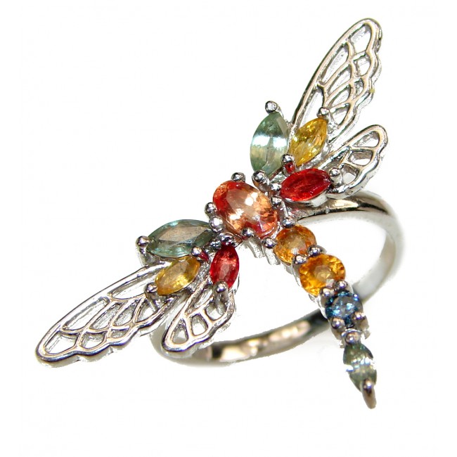 "A Thousand Stars Butterfly" Genuine multicolor Sapphire .925 Sterling Silver handcrafted Statement Ring size 8