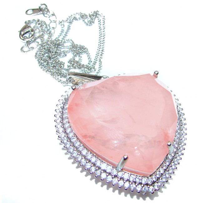 Huge Angel's Heart Genuine Rose Quartz .925 Sterling Silver handmade station Necklace