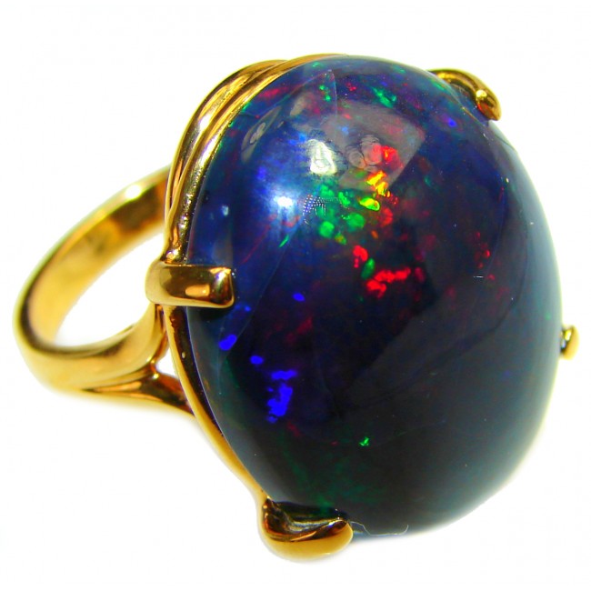 MOONLIGHT WONDERLAND 35ctw natural Fire Black Opal 18K Gold over .925 Sterling Silver handcrafted ring size 7 3/4