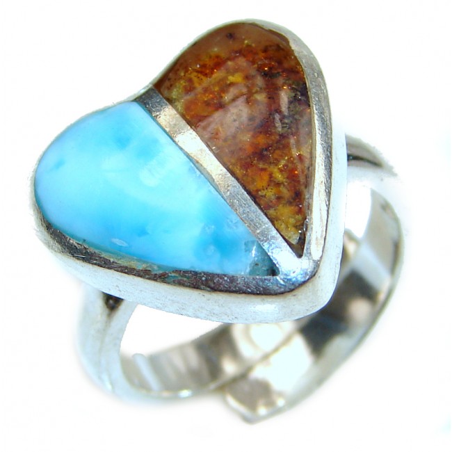 Blue Larimar Amber Angel's Heart .925 Sterling Silver handcrafted Ring s. 6 adjustable