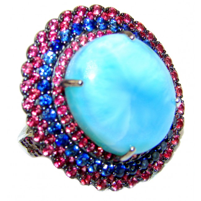 Large Vintage Design Natural Larimar Sapphire Ruby .925 Sterling Silver handcrafted Ring s. 8 1/4