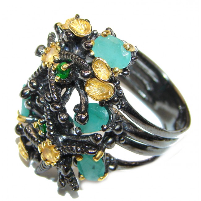 Fancy Genuine Emerald black rhodium over .925 Sterling Silver handcrafted Statement Ring size 8 1/4