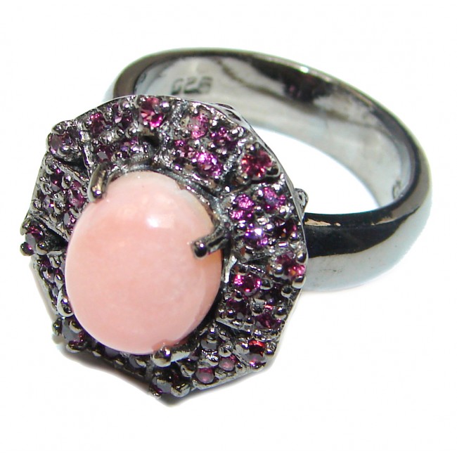 Pink Opal Garnet black rhodium over .925 Sterling Silver handcrafted ring size 8