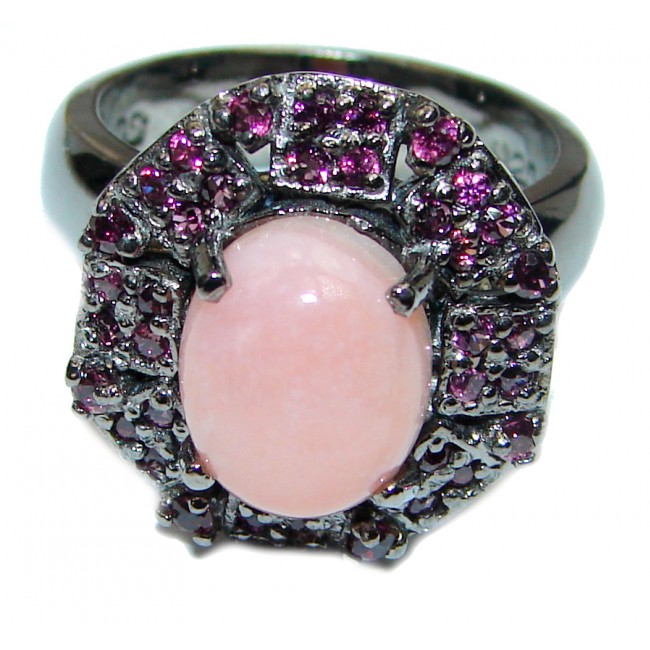 Pink Opal Garnet black rhodium over .925 Sterling Silver handcrafted ring size 8