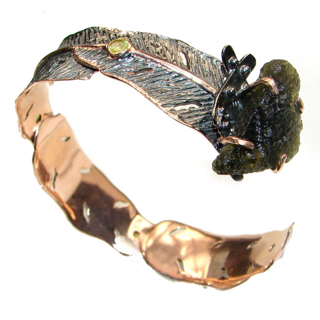 Genuine Green Moldavite Gold Rhodium over .925 Sterling Silver Bracelet / Cuff