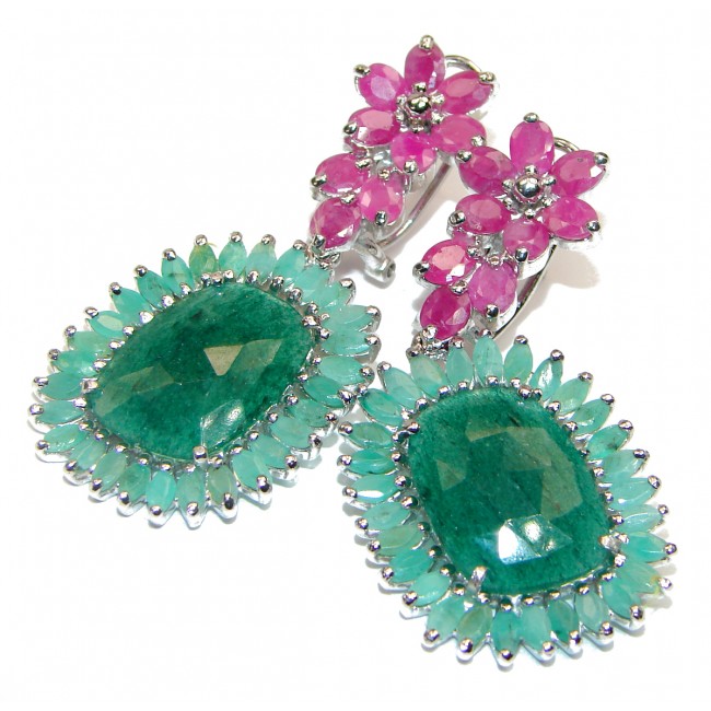 Ravishing Green HUGE Emerald Ruby .925 Sterling Silver handcrafted Statement Earrings
