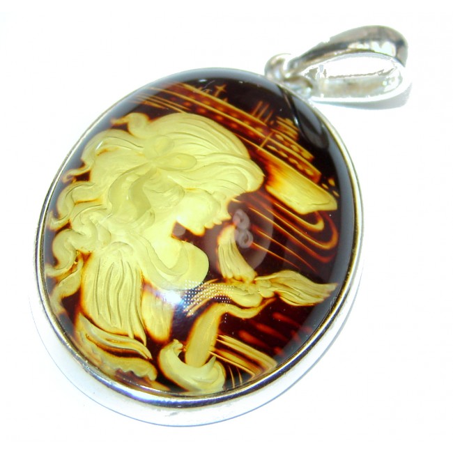 Beatiful Lady Authentic carved Baltic Amber .925 Sterling Silver handmade Pendant