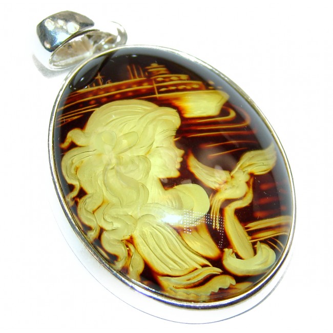 Beatiful Lady Authentic carved Baltic Amber .925 Sterling Silver handmade Pendant