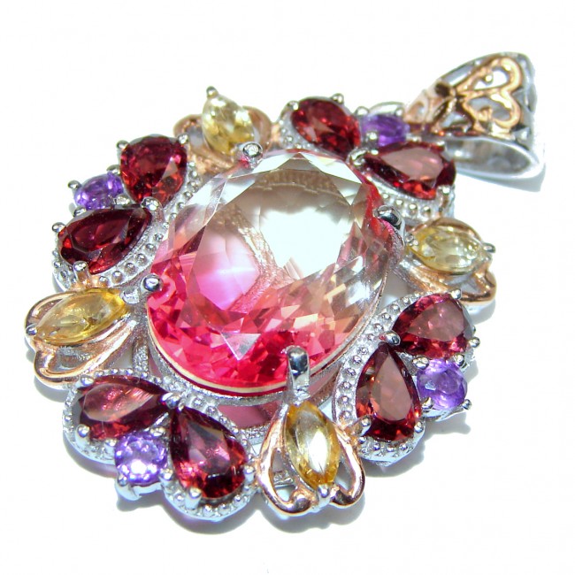 Deluxe Oval cut Pink Tourmaline color Topaz 18K Gold over .925 Sterling Silver handmade Pendant