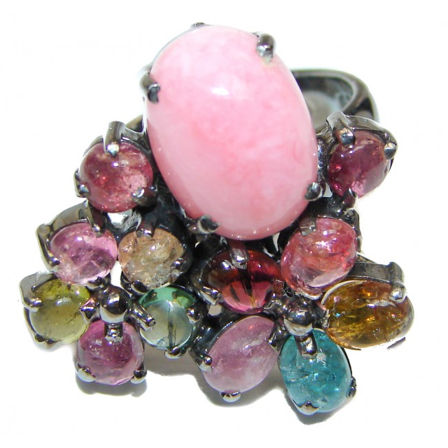 Pink Opal Tourmaline black rhodium over .925 Sterling Silver handcrafted ring size 8