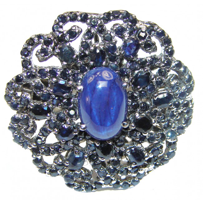 Large Vintage Design Natural Sapphire black rhodium over .925 Sterling Silver handcrafted Ring s. 8 1/4